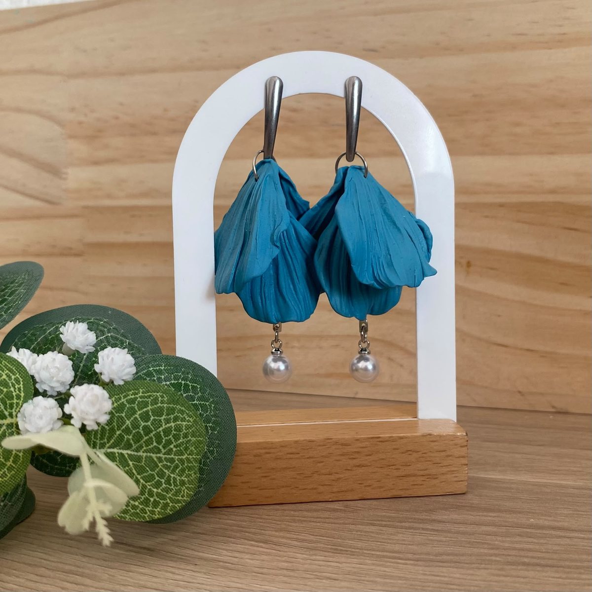 Blue petal polymer clay earrings with pearl drop